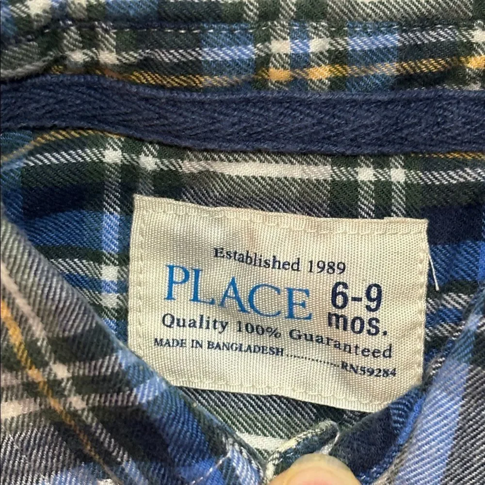 The Children’s Place Boys Blue Flannel Plaid Button Down Dress Shirt 6-9 Months